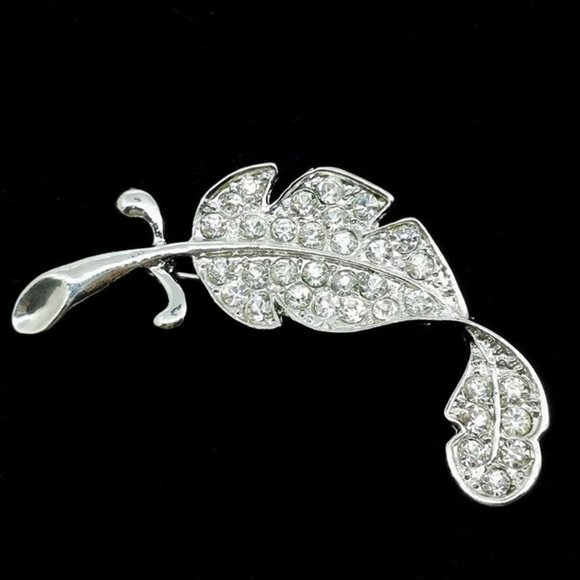 Brooch Feather Leaf Men Woman Rhinestone Sparkle Gemstone Pins - Picture 3 of 4